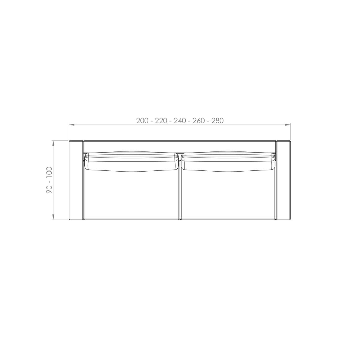 Sofá Cannes — desenho técnico com dimensões