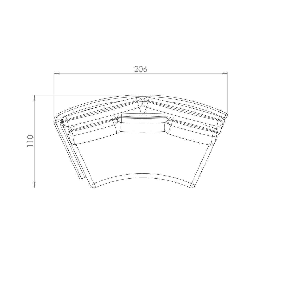 Theos-01 Sofá Theos — desenho técnico com dimensões