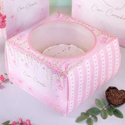 Caixa para Bolo M (21,5×21,5x14cm), Com Visor, COM CARINHO – 5un