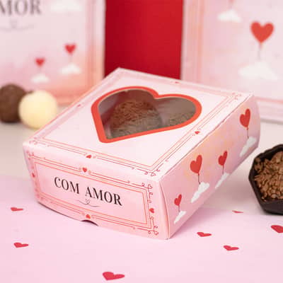 Caixa Para 4 Doces ou 1 Brownie, Com Visor e berço, COM AMOR - 10un