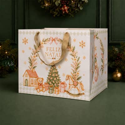 Sacola de papel para Presente ”G” 30x24x20cm, Globo de Neve – 10un