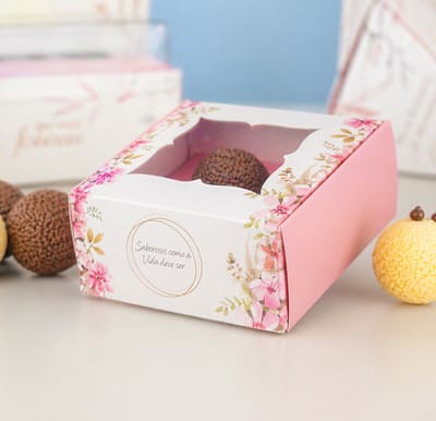 Embalagem para 4 Doces, Com Visor, Floral - 10un