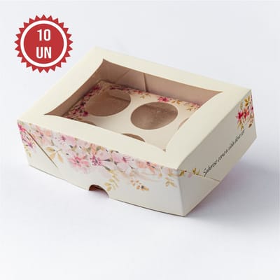 Embalagem para 6 Doces, Com Visor e berço, Floral - 10un