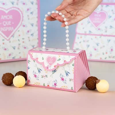 Caixa para Doces bolsinha com pérolas, FLORES - 5un