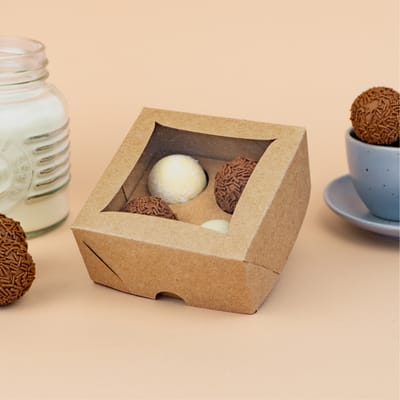 Embalagem Para 4 Doces 9X9X4Cm Com Visor E Berço, Basics, Kraft - 10un