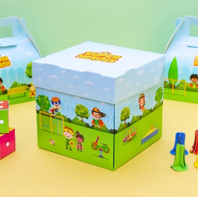Caixa Cubo Intantil com jogo, Heróis - 5un