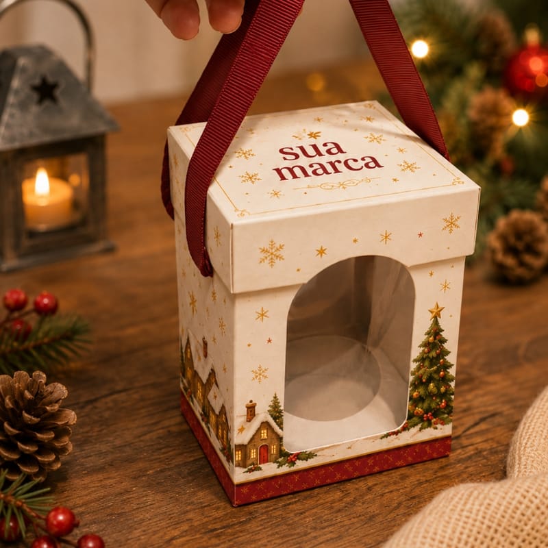 Caixa para Mini Panetone/Chocotone com Visor e Alça Luxo Personalizada - Imagem 1