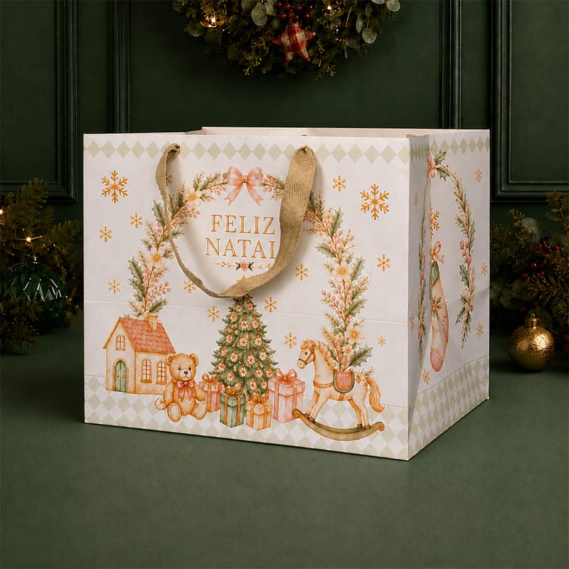 78cd477e9be92c03391601150470200a.jpg Sacola de papel para Presente ”G” 30x24x20cm, Globo de Neve – 10un - Imagem 1
